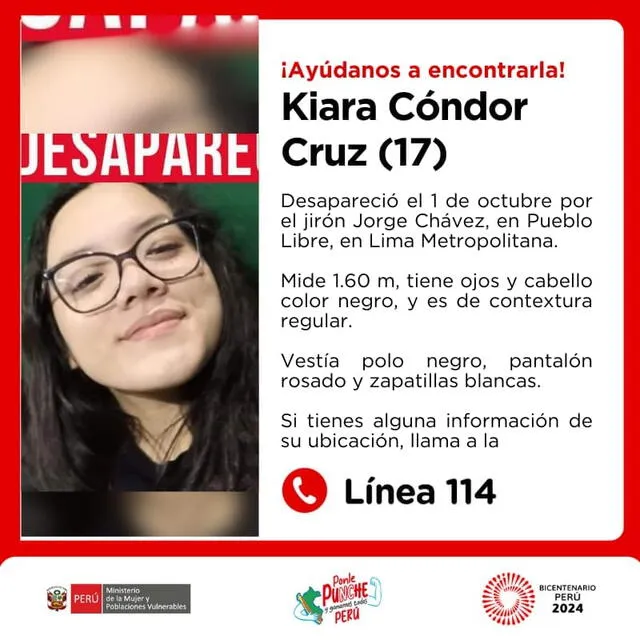 Kiara desapareció luego de haber asistido a su universidad. Foto: MIMP   