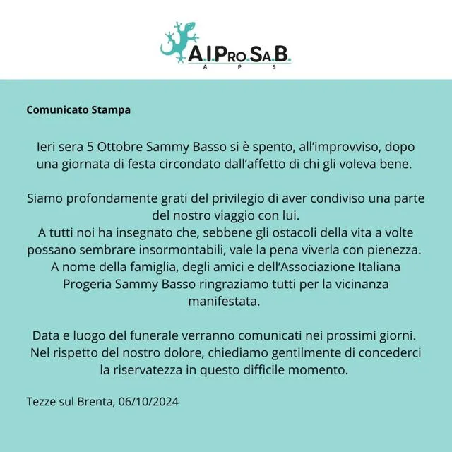 Publicación oficial que confirma el fallecimiento de Sammy Basso. Foto: Instagram/A.I.Pro.Sa.B. APS Onlus   