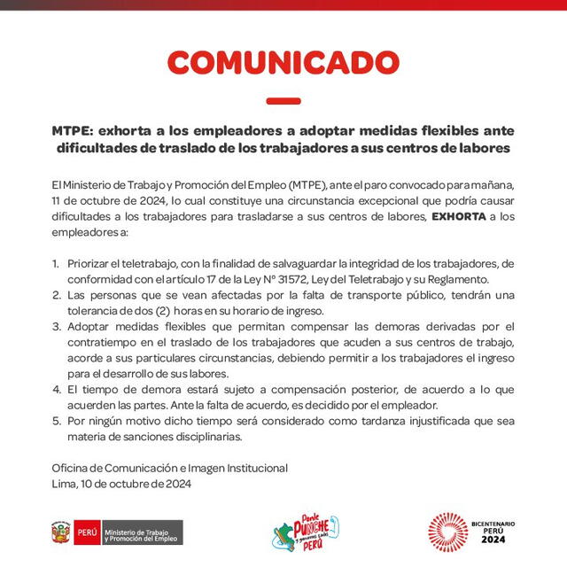 Comunicado del MTPE.   