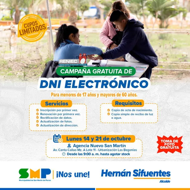  Campaña de DNI electrónico en SMP del 14 y 21 de octubre. Foto: Municipalidad de San Martín de Porres   