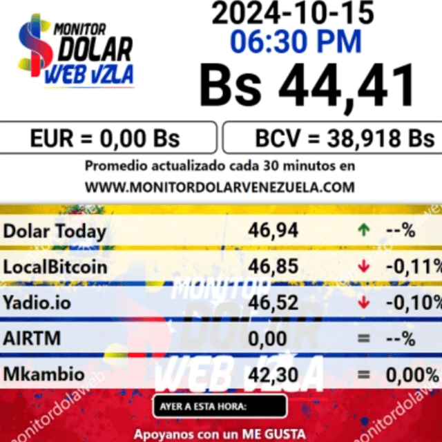 Precio del dólar en plataforma Monitor Dólar hoy, martes 15 de octubre de 2024. Foto: monitordolarvenezuela.com    