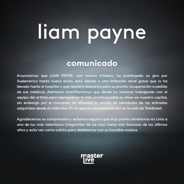  Comunicado sobre la cancelación del concierto de Liam Payne en Lima. Foto: MasterLive    