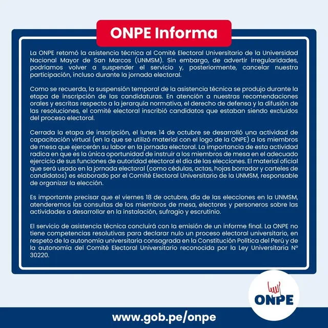 ONPE se pronuncia sobre elecciones internas de la UNMSM. Foto: difusión   