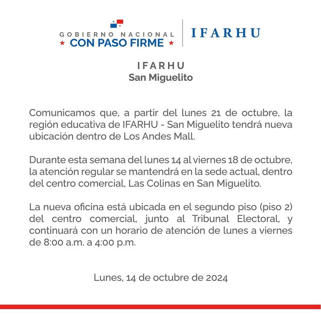 Último comunicado del Ifarhu. Foto: Ifarhu 