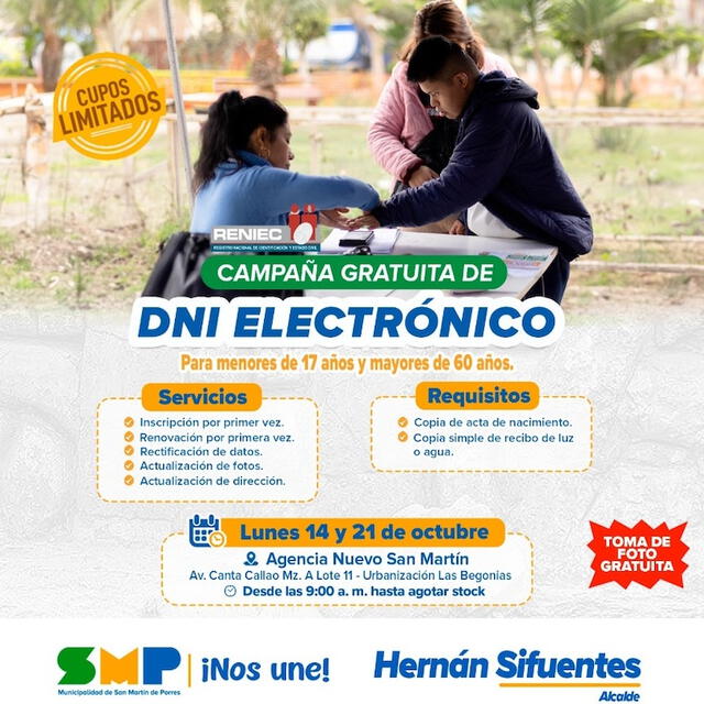  Campaña Gratuita de DNI Electrónico para menores de 17 y mayores de 60 años. Foto: Municipalidad de San Martín de Porres.   