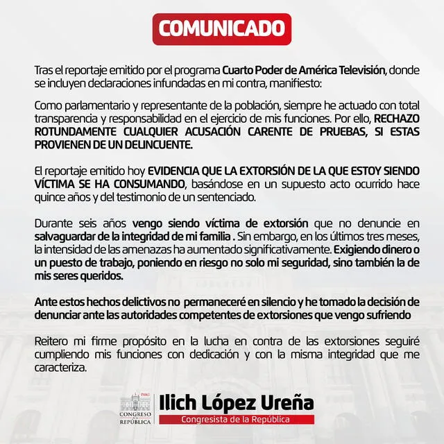 Comunicado de Ilich López en su cuenta oficial de X   