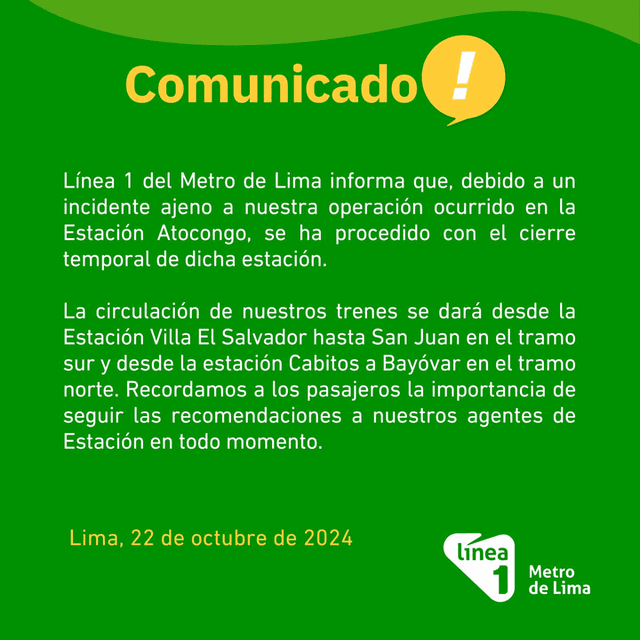 Este fue el comunicado emitido por el Metro de Lima. Foto: Metro de Lima   