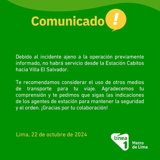 Metro de Lima anuncia suspensión de operaciones tras muerte de pasajero. Foto: Línea 1   