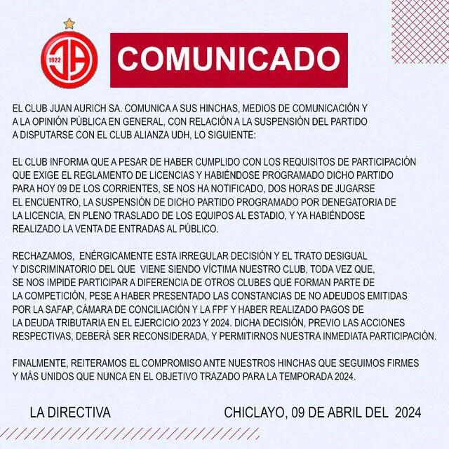 Comunicado de Juan Aurich. Foto: Club Juan Aurich   