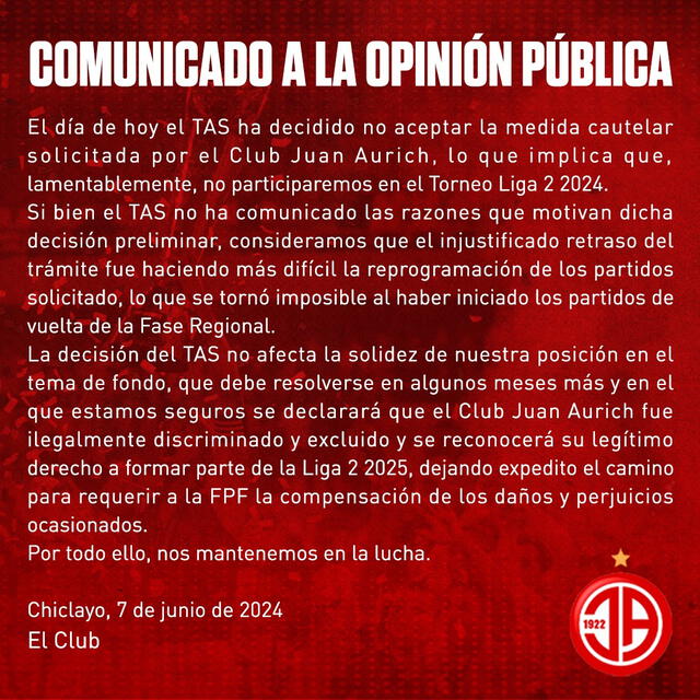 Comunicado de Juan Aurich sobre su situación en la presente temporada. Foto: Club Juan Aurich   