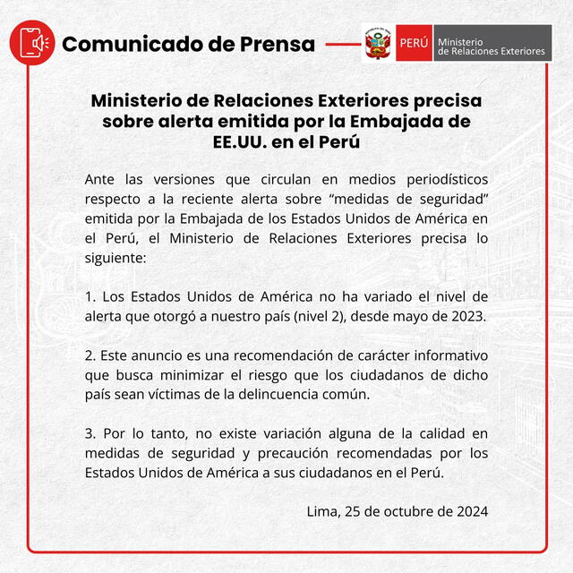 Comunicado de prensa del Ministerio de Relaciones Exteriores sobre la alerta emitida por la Embajada de los Estados Unidos. Foto: Cancillería del Perú.   