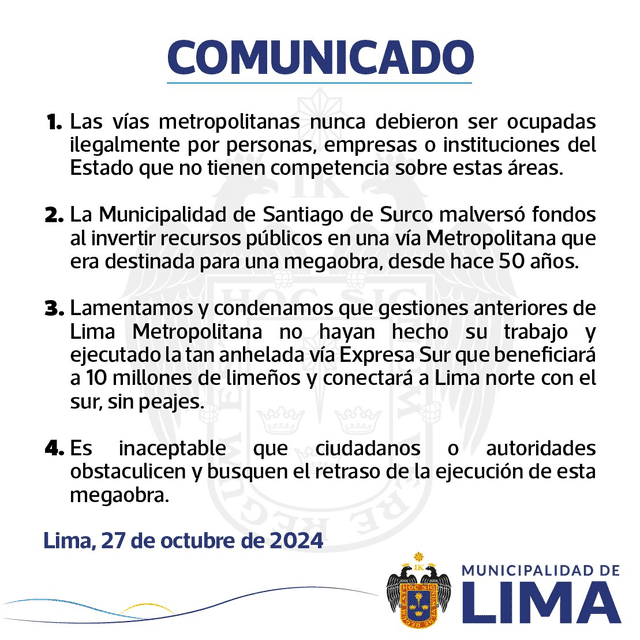  Municipalidad emite comunicado. Foto: municipalidad de Lima    