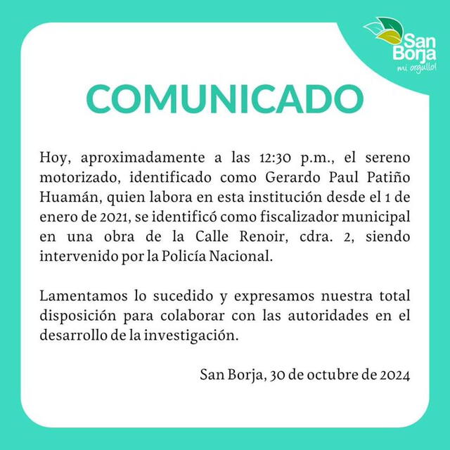  Serenos será sometido a investigaciones. Foto: Municipalidad de San Borja/X 