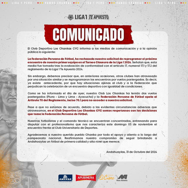  Los Chankas pidió la reprogramación del partido con la ‘U’ por retrasos en su vuelo a Andahuaylas, pero la FPF rechazó el requerimiento. Foto: Los Chankas    