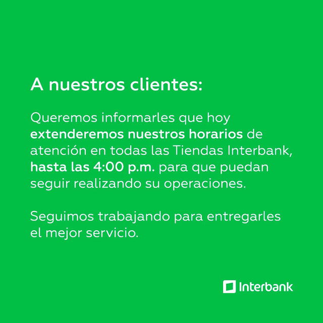 Interbank extenderá su horario habitual de los sábados.    