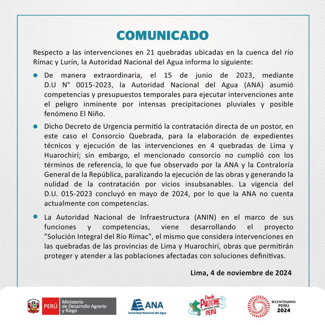 Comunicado de la Autoridad Nacional del Agua. 