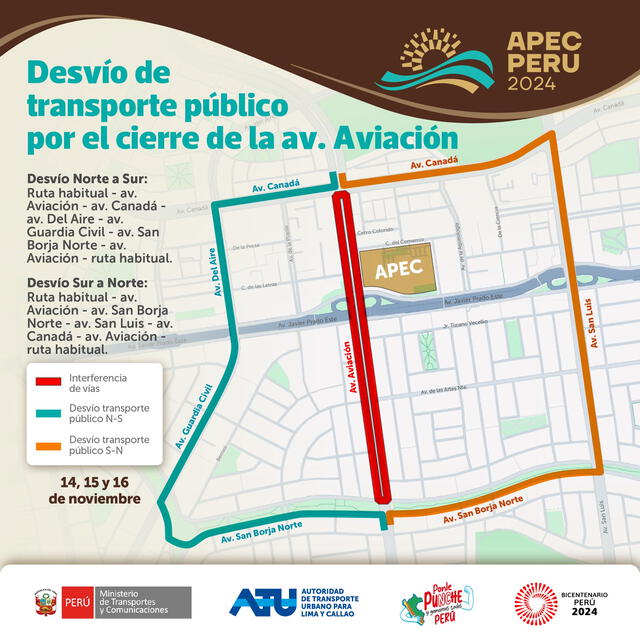 Desvío del transporte público por cierre de la av. Aviación. Foto: ATU    