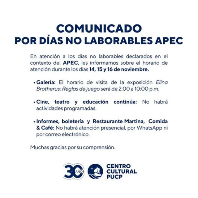 PUCP realizó cambios en sus horarios durante la semana del APEC 2024. Foto: Centro Cultural PUCP.   