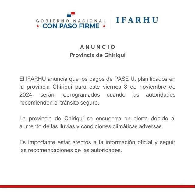 El pago de IFARHU cambiará de fecha en la provincia de Chiriquí. Foto: Ifarhu/ X 