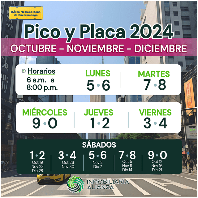 Días y horarios para saber qué vehículos podrán circular al iniciar la medida Pico y Placa. Foto: Inmobiliaria Alianza   