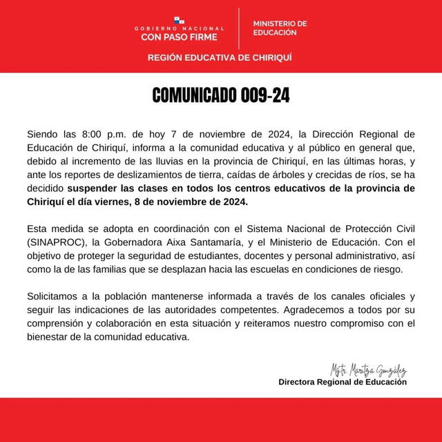 Comunicado del Meduca sobre la suspensión de clases. Foto: Meduca   