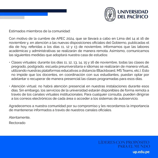 UP anuncia clases virtuales para los días 11, 12 y 13, 14, 15 y 16 de noviembre. Foto: Universidad del Pacífico   