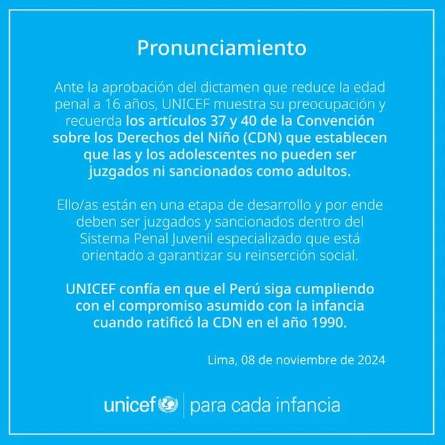 Pronunciamiento de Unicef Perú frente al dictamen del Gobierno que sanciona penalmente a menores de 16 y 17 años. Foto: Unicef Perú   