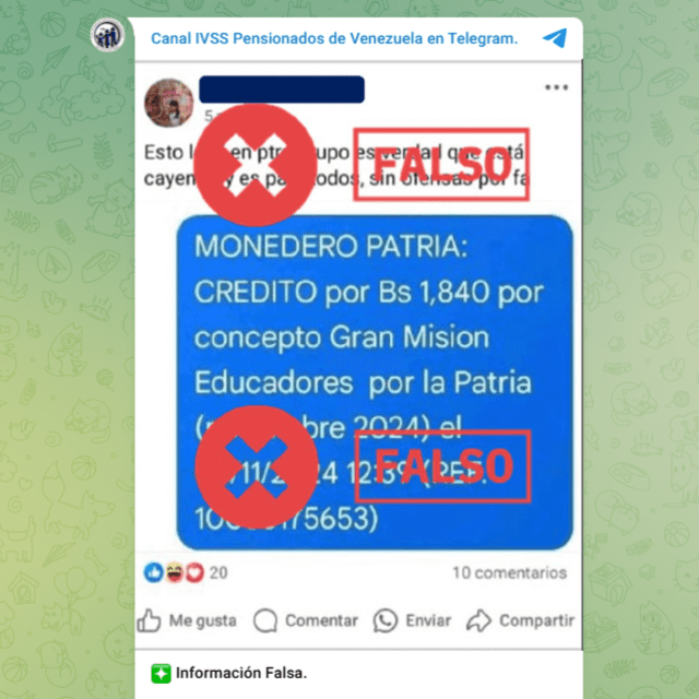 Este supuesto bono fue anunciado el viernes 8 de noviembre, fecha en la que se pagó la primera quincena del MPPE. Foto: Canal IVSS Pensionados de Venezuela/ Telegram