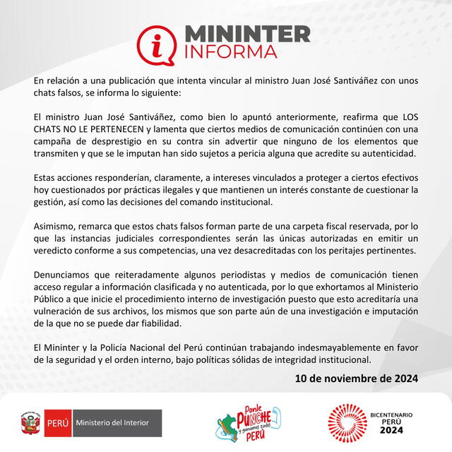 Comunicado del Ministerio del Interior publicado en sus redes sociales | Foto: Difusión. Comunicado del Ministerio del Interior publicado en sus redes sociales | Foto: Difusión.
