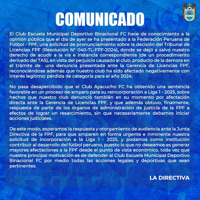  Binacional emitió un comunicado donde solicita su reincorporación de la Liga 1 2025. Foto: X    