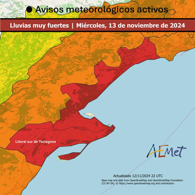 La Agencia Estatal de Meteorología (Aemet) emitió un aviso rojo por lluvias intensas en Andalucía y Cataluña. Foto: AEMET   