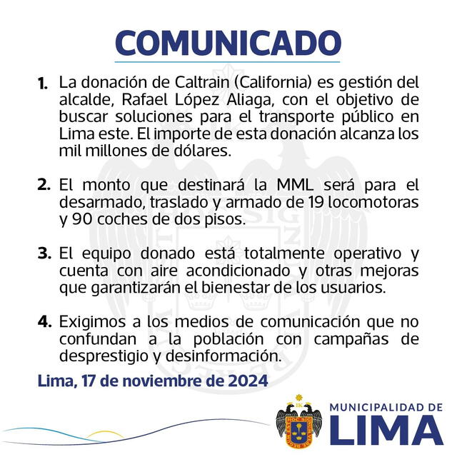  Comunicado presentado por la Municipalidad de Lima luego de hacerse público la adquisición de los trenes. | Fuente: Municipalidad de Lima/X.   