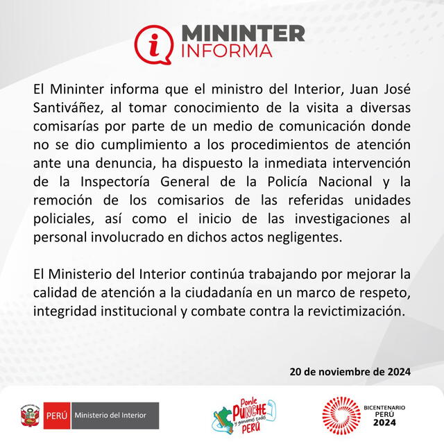 Comunicado del Mininter. Foto: Ministerio del Interior/X   