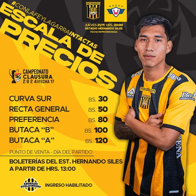  Precios de los boletos para el duelo ante Wilstermann. Foto: The Strongest  