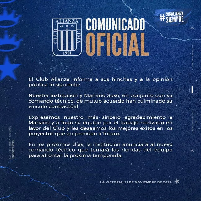 Comunicado oficial del club íntimo sobre Mariano Soso. Foto: Alianza Lima   