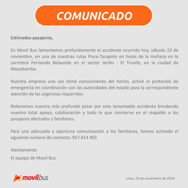 Comunicado de MovilBus tras accidente en Moyobamba