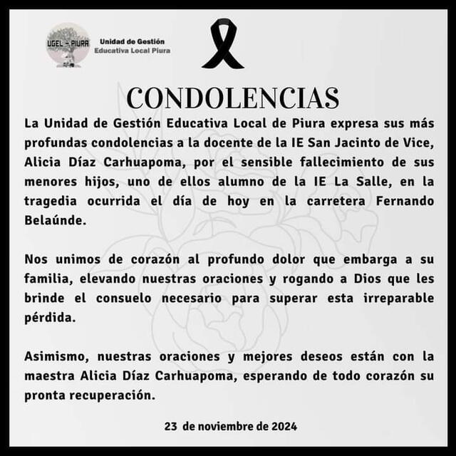 UGEL Piura envía condolencias a docente que perdió a sus dos hijos en Moyobamba. Foto: difusión    