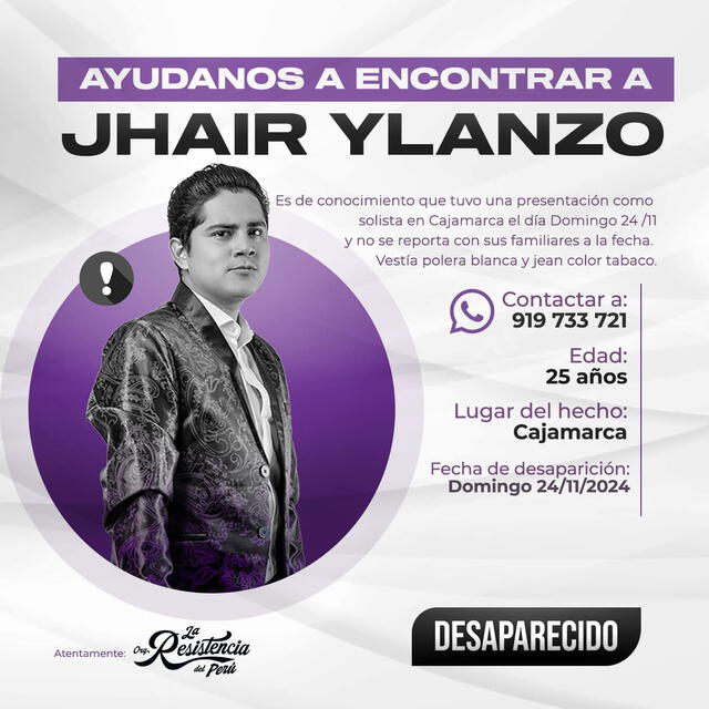 La Resistencia del Perú anuncia la desaparición de Jhair Ylanzo, uno de sus vocalistas. Foto: Facebook   