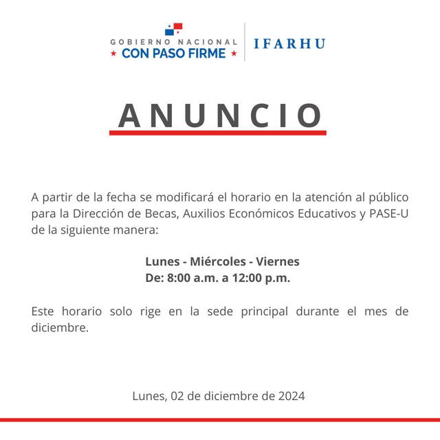 IFARHU anuncia cambios en el horario de atención durante diciembre en su sede central. Foto: IFARHU   