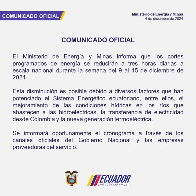  Sobre la situación actual en Ecuador, el Ministerio de Energía y Minas sacó un comunicado por redes sociales. Foto: Ministerio de Energía y Minas Ecuador/X/Twitter   