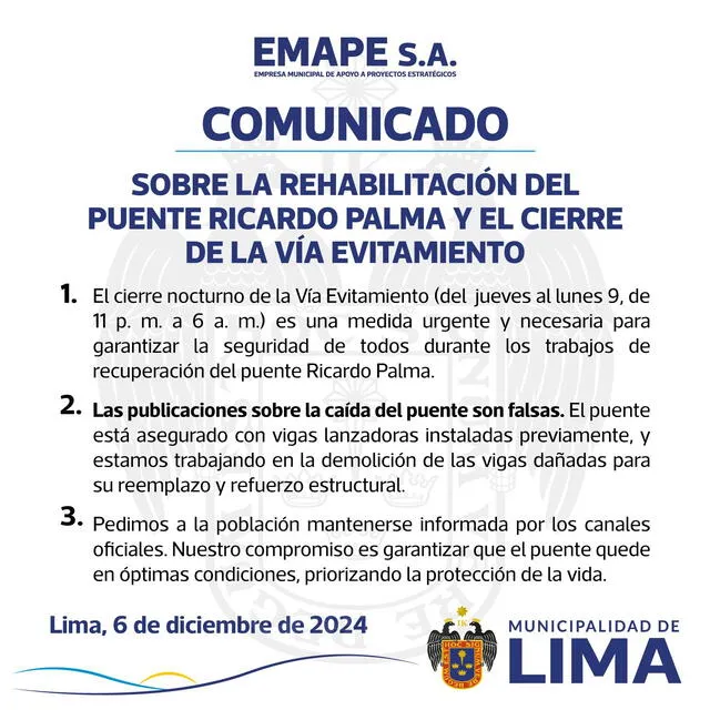 Comunicado de Emape. Foto: MML 