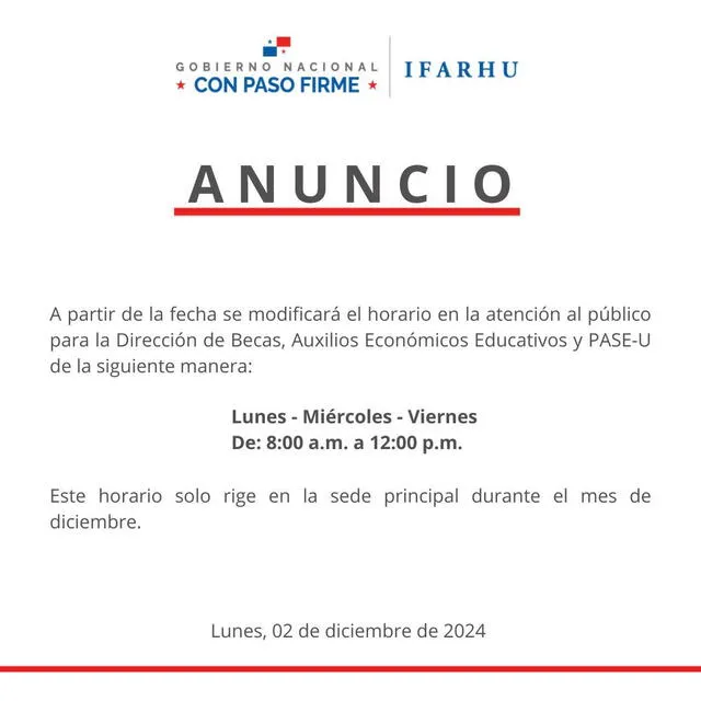 IFARHU anuncia cambio de horario de atención en su sede principal. Foto: IFARHU   