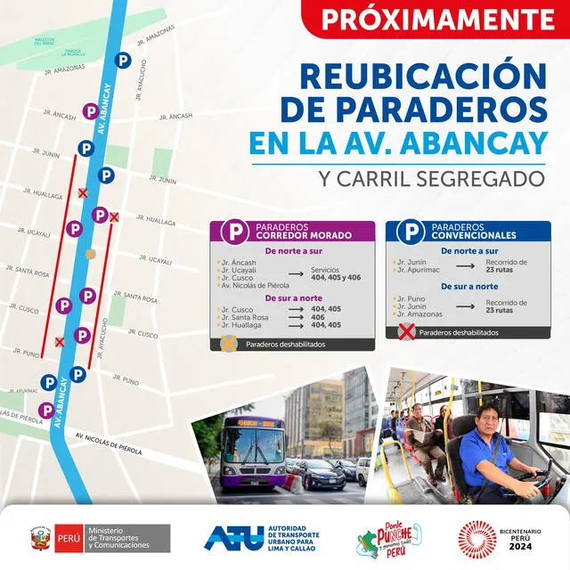 Nuevos paraderos en la av. Abancay para el transporte convencional como para el Corredor Morado. Foto: ATU/X   