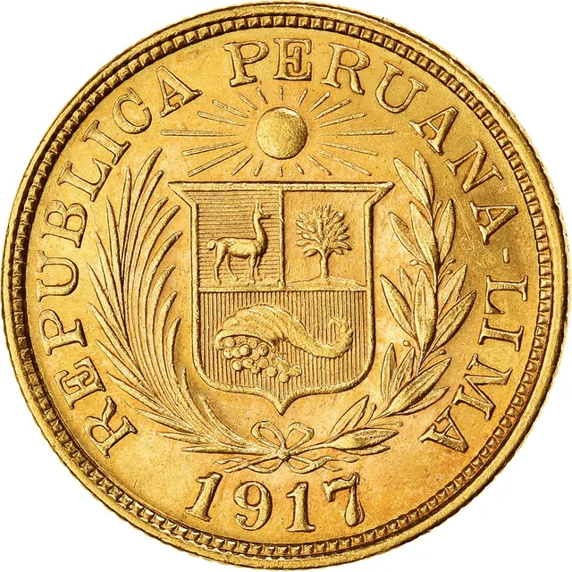  La moneda de oro "1 Libra" de 1917 es parte de una serie acuñada en Perú con el fin de crear una moneda estable. Foto: Numiscorner.    