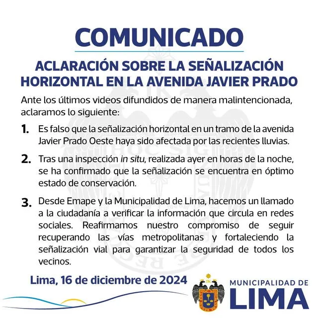 <em> Comunicado de la Municipalidad de Lima. Foto: difusión.</em>   