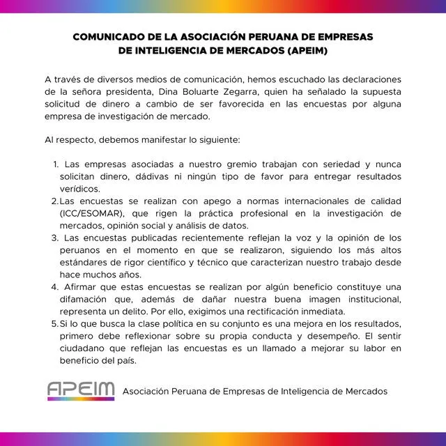  Comunicado de la Asociación Peruana de Empresas de Inteligencia de Mercados ante dichos de Dina Boluarte | Fuente: X-APEIM.   