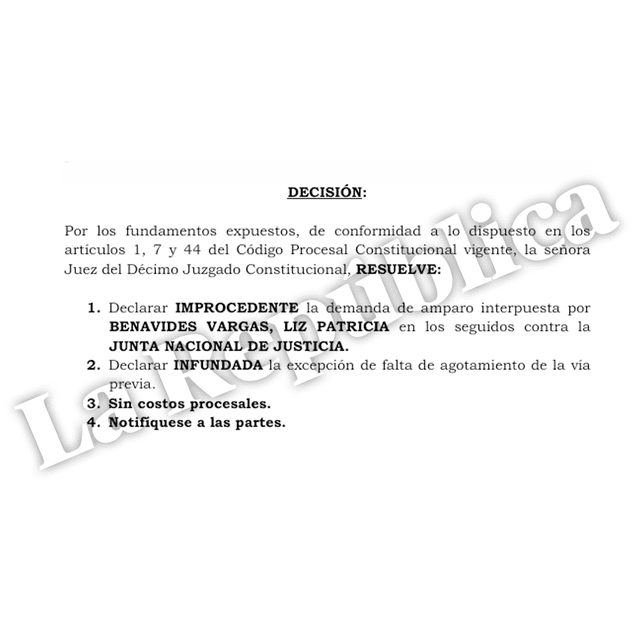  Resolución del Poder Judicial que declara improcedente la acción de amparo de Patricia Benavides   