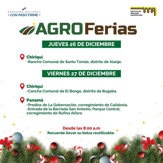 Calendario de las próximas agroferias del IMA en Panamá y Chiriquí. Foto: IMA   