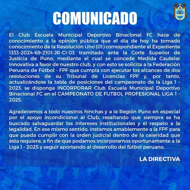 Comunicado de Deportivo Binacional. Foto: X/Deportivo Binacional.   