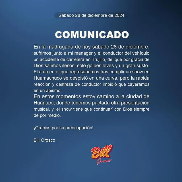 Comunicado de Bill Orosco. Foto: Instagram   